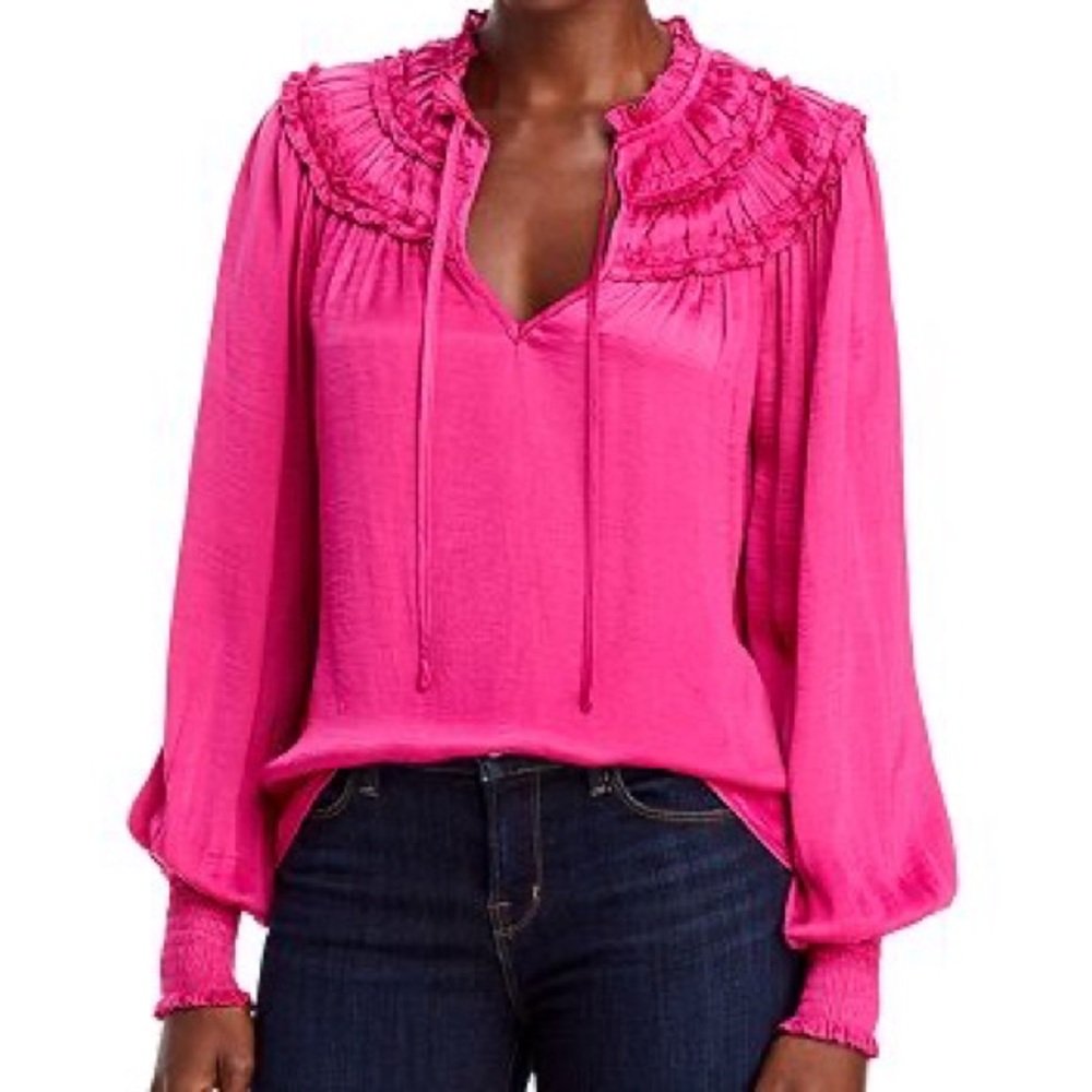 Aqua Bloomingdales Ruffle Yoke Tie Neck Top Blouse Size Small Pink